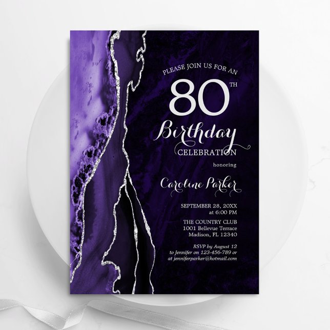 Purple Silver Agate 80th Birthday Invitation (Creator Uploaded)