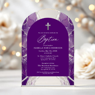 Purple Silver Agate Baptism Modern Elegant Acrylic Invitations