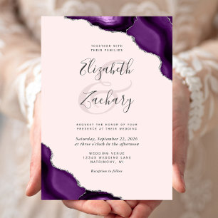 Purple Silver Agate Corners Blush Pink Wedding Invitation
