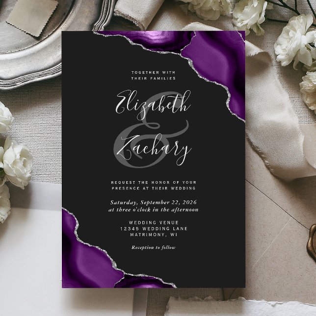 Purple Silver Agate Corners Dark Wedding Invite (Creator Uploaded)