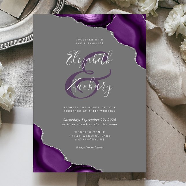 Purple Silver Agate Corners Grey Wedding Invitation (Creator Uploaded)