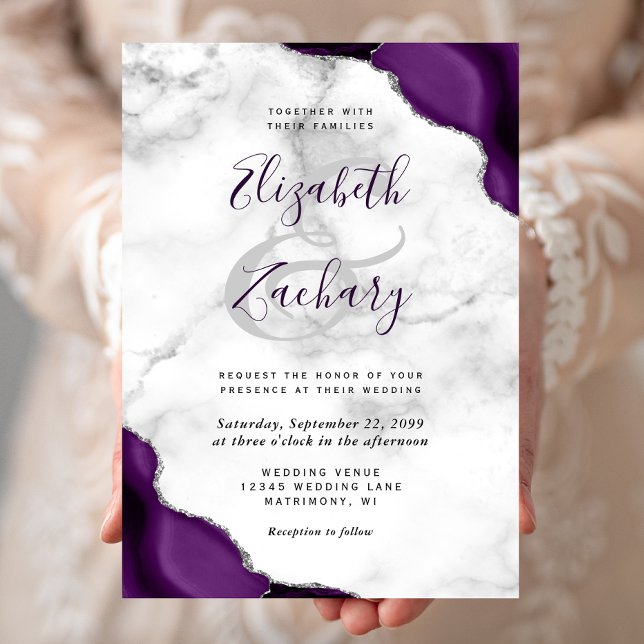 Purple Silver Agate Corners Marble Wedding Invitation (Creator Uploaded)