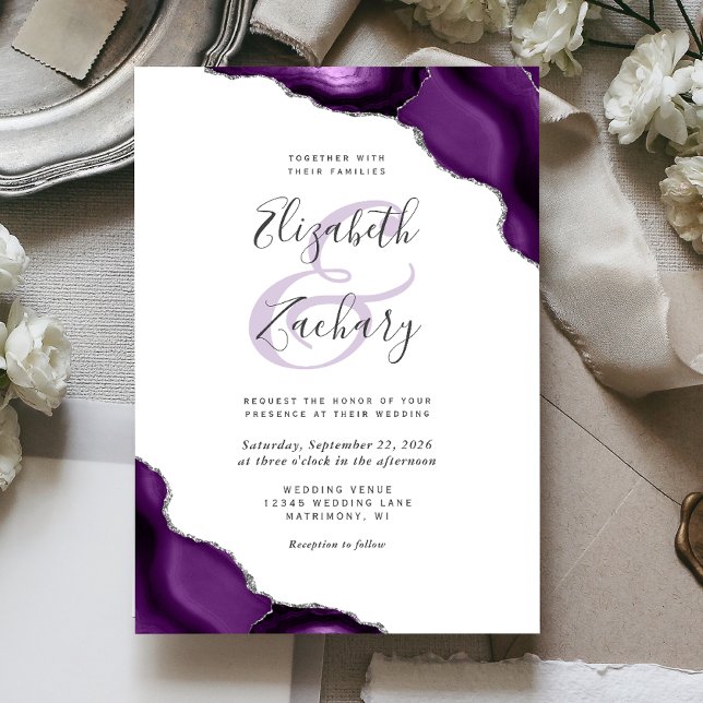 Purple Silver Agate Corners Wedding Invite (Creator Uploaded)