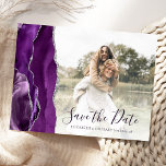 Purple Silver Agate Custom Photo Save the Date Postcard<br><div class="desc">This elegant horizontal save the date postcard features a purple watercolor agate border trimmed with faux silver glitter. Easily replace the sample image with your own photo of the future bride and groom. The customisable text combines dark purple handwriting script and copperplate font; a white gradient filter helps make the...</div>