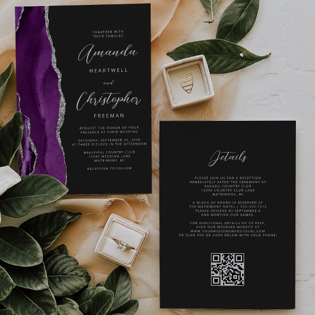 Purple Silver Agate Dark QR Code Wedding Invitation (Creator Uploaded)