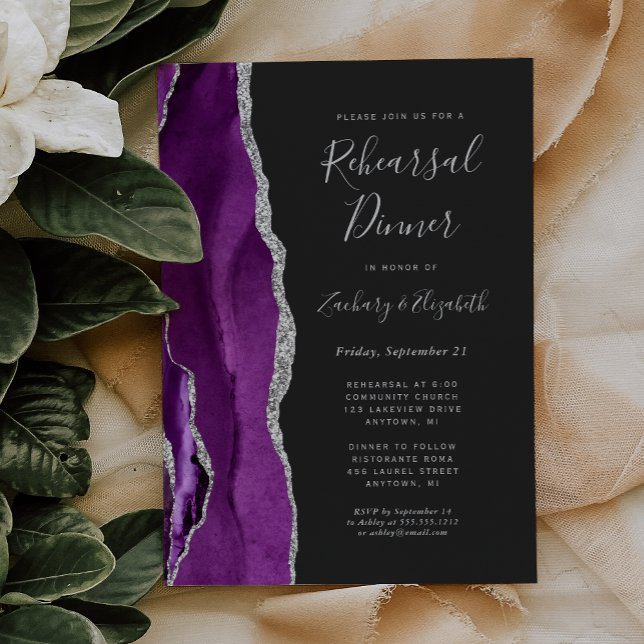 Purple Silver Agate Dark Wedding Rehearsal Dinner Invitation (Creator Uploaded)