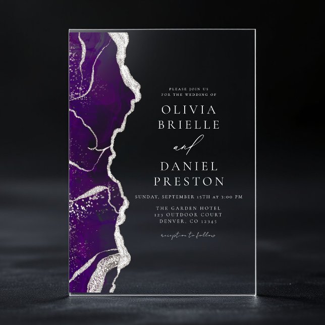 Purple Silver Agate Elegant Modern Wedding Acrylic Invitations (Creator Uploaded)