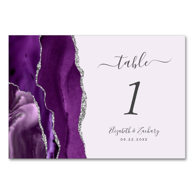 Purple Silver Agate Lavender Wedding Table Number (Front)