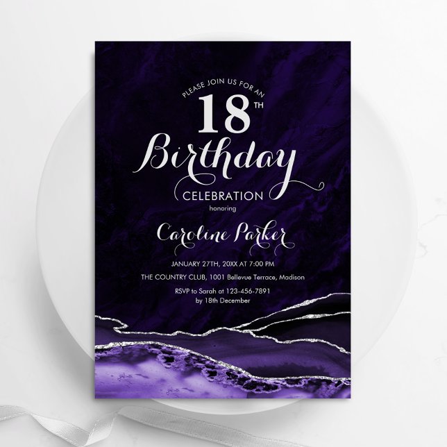 Purple Silver Agate Marble 18th Birthday Invitation (Creator Uploaded)
