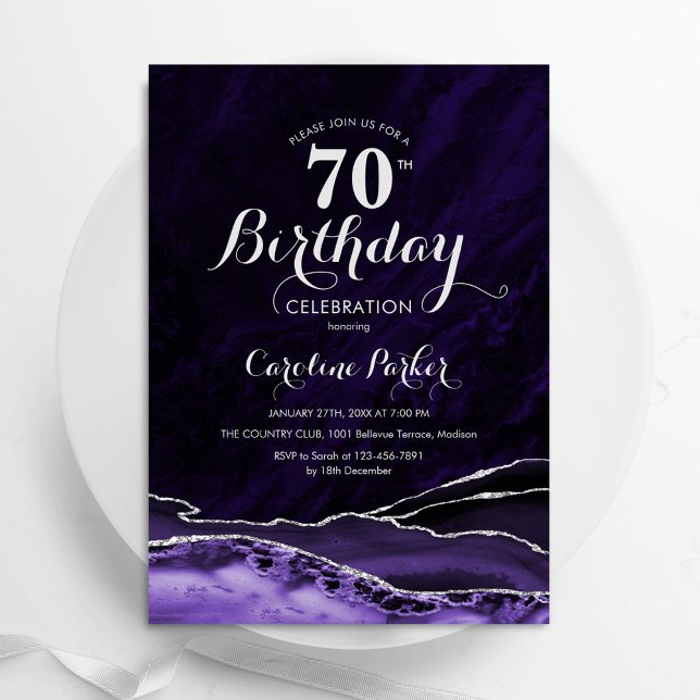 Purple Silver Agate Marble 70th Birthday Invitation (Creator Uploaded)