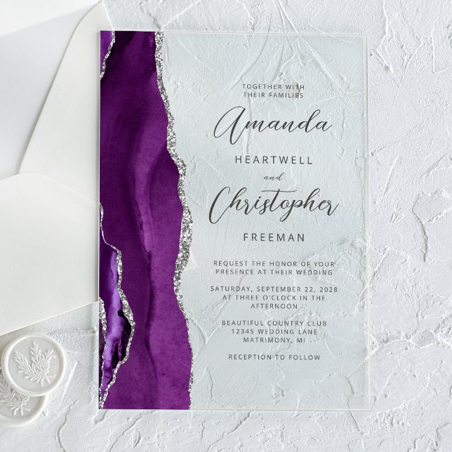 Purple Silver Agate Modern Script Wedding Acrylic Invitations (Creator Uploaded)
