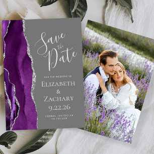 Purple Silver Agate Photo Grey Save the Date Card