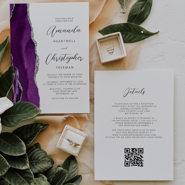 Purple Silver Agate QR Code Wedding Invitation (Creator Uploaded)