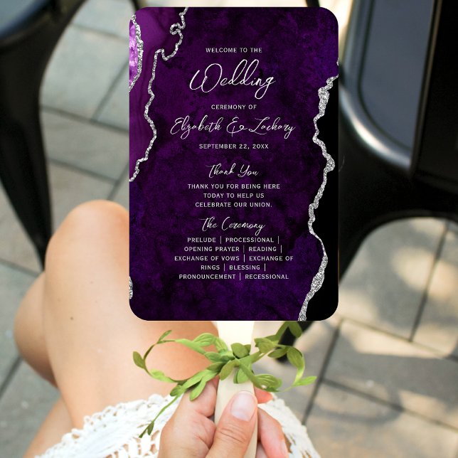 Purple Silver Agate Script Wedding Program Hand Fan (Creator Uploaded)