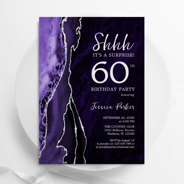 Purple Silver Agate Surprise 60th Birthday Invitation (Creator Uploaded)