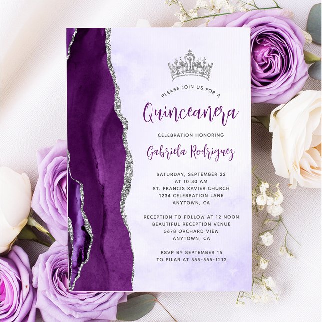 Purple Silver Agate Watercolor Quinceañera Invitation (Creator Uploaded)