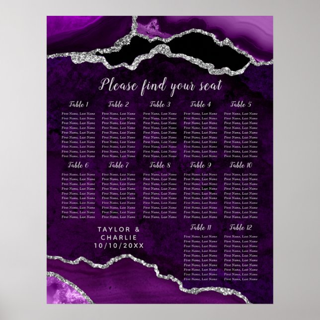 Purple Silver Agate Wedding 12 Table Seating Chart (Front)