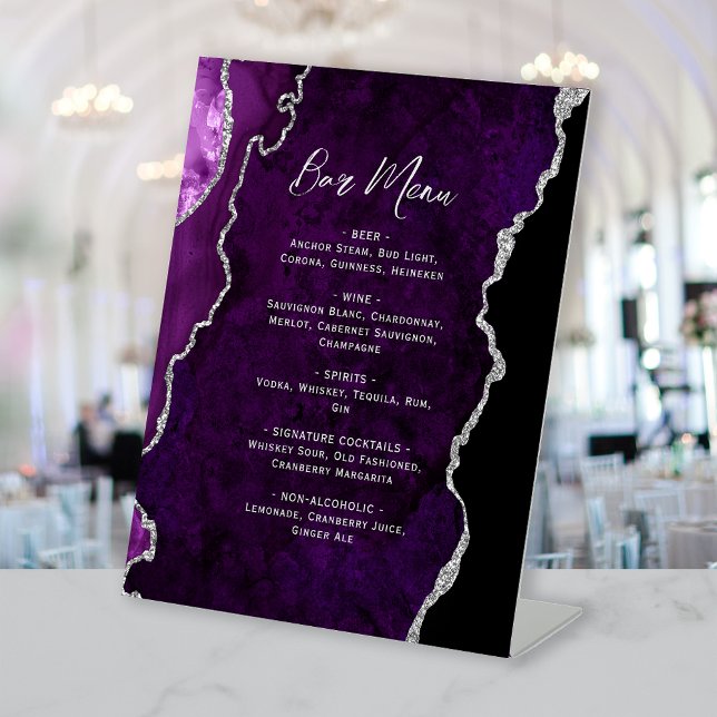 Purple Silver Agate Wedding Bar Menu Pedestal Sign (Creator Uploaded)