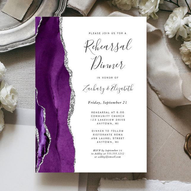 Purple Silver Agate Wedding Rehearsal Dinner Invitation (Creator Uploaded)