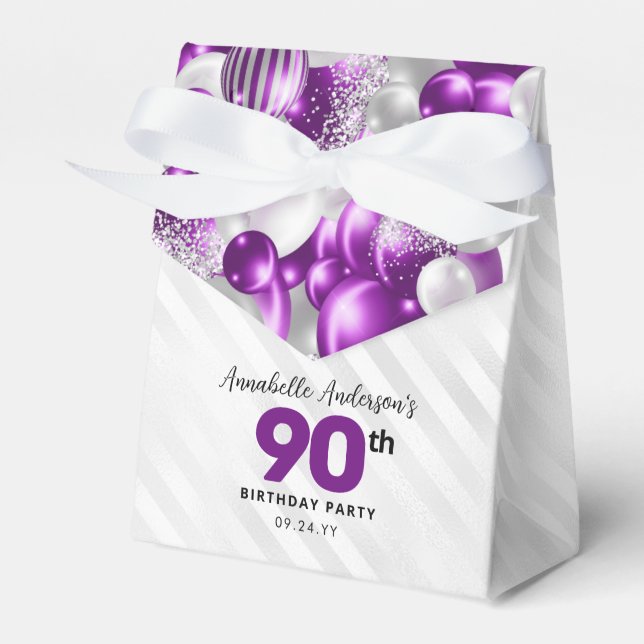 Purple Silver Balloon Glitter Favour 90th Birthday Favour Box (Front Side)