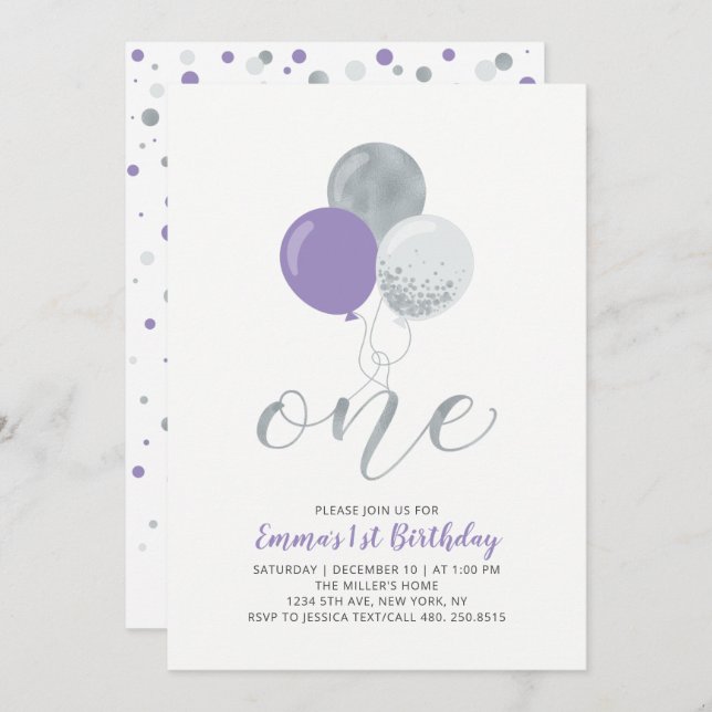 Purple, Silver Balloon One 1st Girl Birthday Party Invitation (Front/Back)