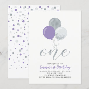 Purple, Silver Balloon One 1st Girl Birthday Party Invitation