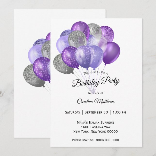 Purple Silver Balloons  Birthday Invitation (Front/Back)