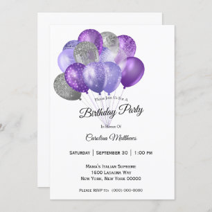 Purple Silver Balloons Birthday Invitation