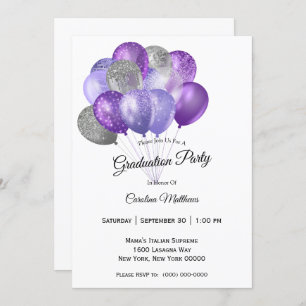 Purple Silver Balloons Graduation Invitation