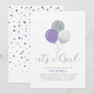 Purple & Silver Balloons   It's a Girl Baby Shower Invitation