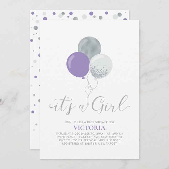 Purple & Silver Balloons | It's a Girl Baby Shower Invitation (Front/Back)