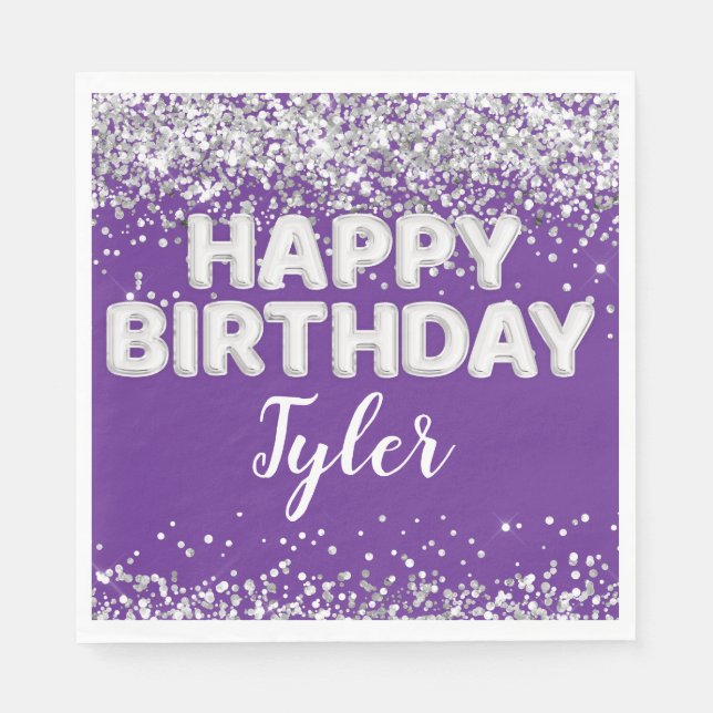 Purple Silver Birthday Party Napkin (Front)