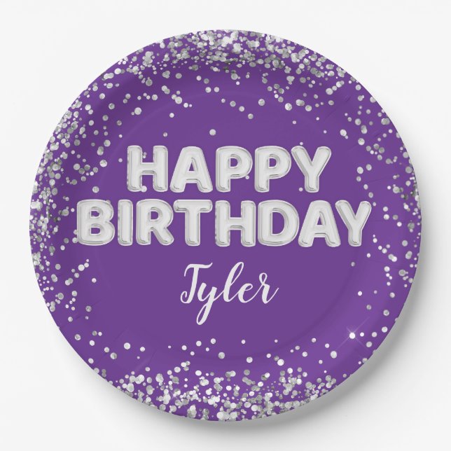 Purple Silver Birthday Party Paper Plate (Front)