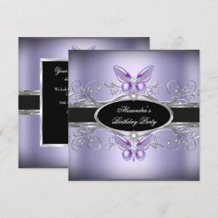 Purple Silver Black Jewel Butterfly Birthday Party Invitation