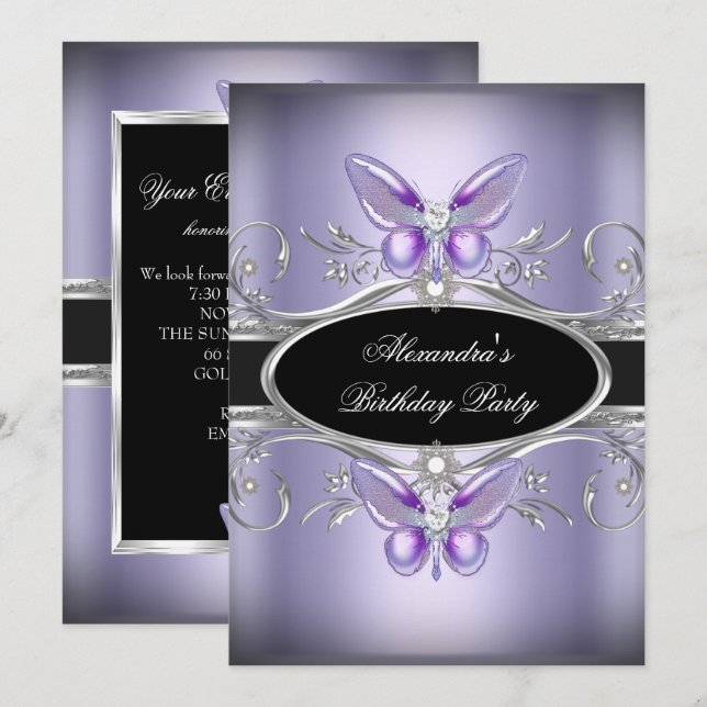 Purple Silver Black Jewel Butterfly Birthday Party Invitation (Front/Back)