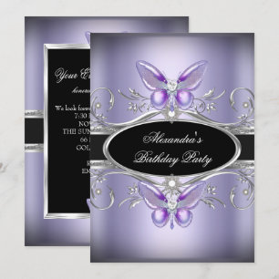 Purple Silver Black Jewel Butterfly Birthday Party Invitation