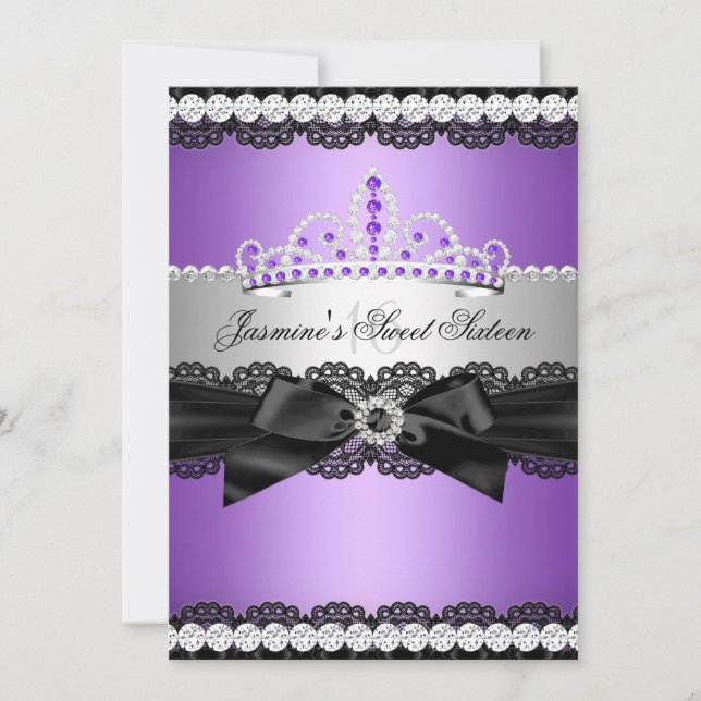 Purple Silver Black Lace Sweet 16 Birthday Party 2 Invitation (Front)