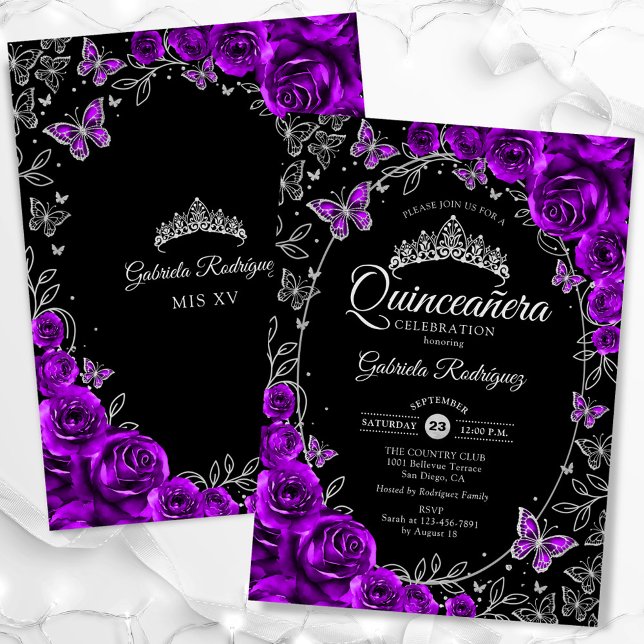 Purple Silver Black Quinceanera Invitation (Creator Uploaded)