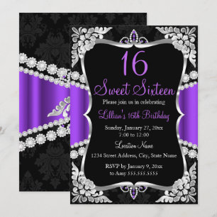 Purple Silver Black Tiara Sweet 16 Invitation