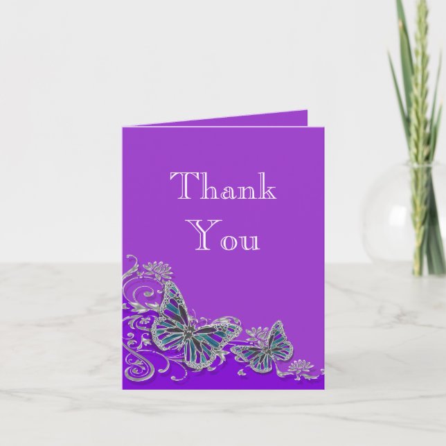 Purple silver blue butterfly wedding thank you card (Front)