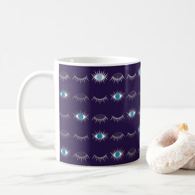 Purple & Silver Blue Evil Eye Lashes Nazar Mati  Coffee Mug (With Donut)