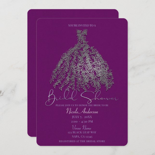 Purple Silver Botanical Leaves Dress Bridal Shower Invitation (Front/Back)