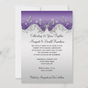 Purple Silver Butterflies 25th Anniversary Invitation