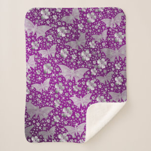 purple,silver,butterflies, flowers, floral, patter sherpa blanket