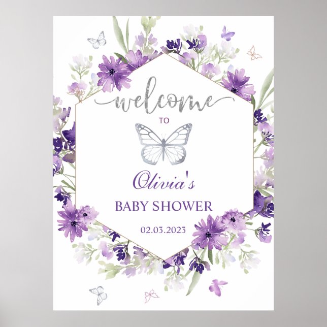 Purple silver butterfly baby shower welcome poster (Front)