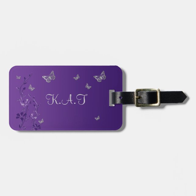 Purple, Silver Butterfly Floral Luggage Tag (Front Horizontal)