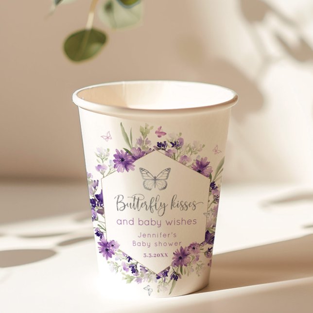 Purple silver Butterfly kisses baby shower Paper Cups (Creator Uploaded)