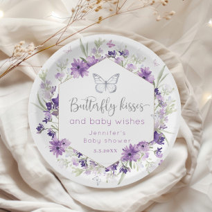 Purple silver Butterfly kisses baby shower Paper Plate