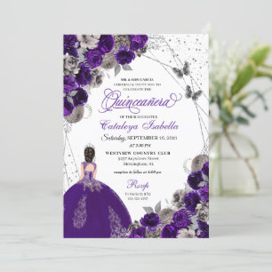 Purple & Silver Butterfly Princess Quinceanera Invitation