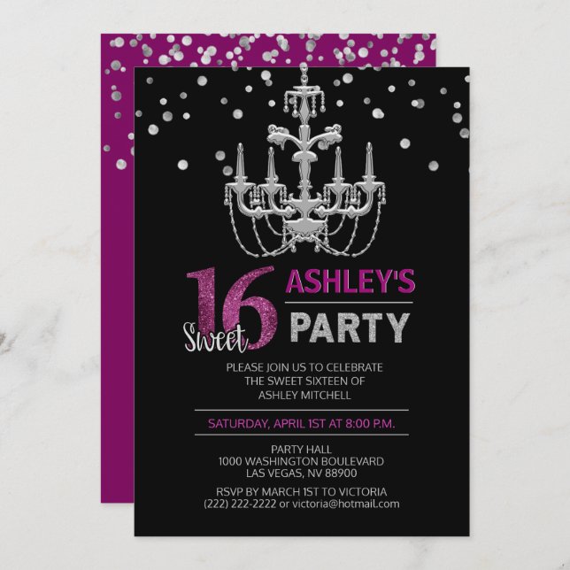 Purple Silver Chandelier SWEET SIXTEEN 16 Party Invitation (Front/Back)